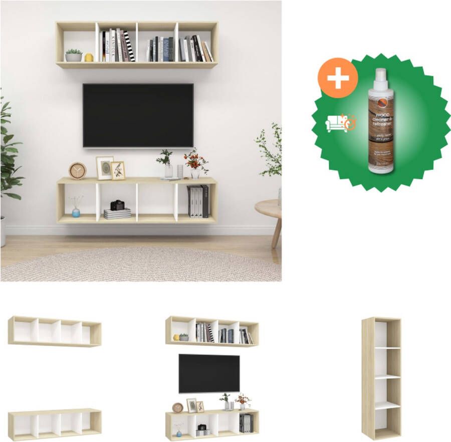 VidaXL Televisiewandmeubelset TV-meubel Wit Sonoma eiken 37 x 37 x 142.5 cm 4 vakken Kast Inclusief Houtreiniger en verfrisser - Foto 2