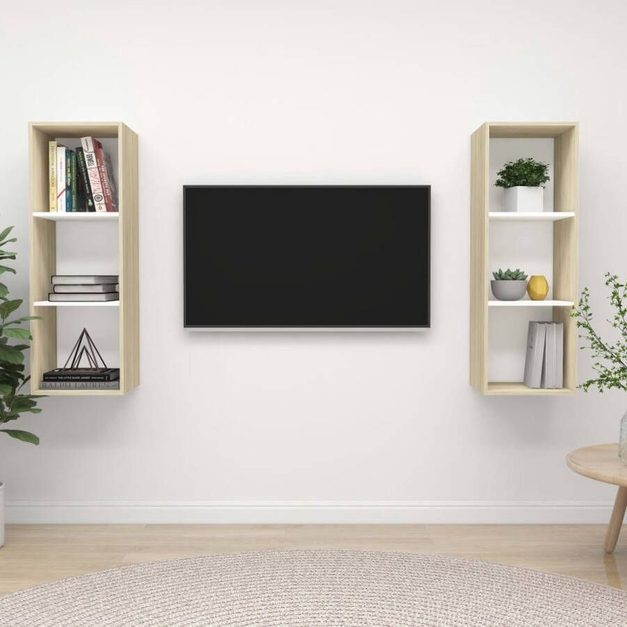 VidaXL Televisiewandmeubelset wit en sonoma eiken 37 x 37 x 107 cm 2 x tv-meubel Kast