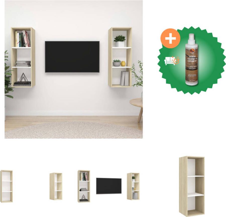 VidaXL Televisiewandmeubelset TV-meubel Wit Sonoma eiken 37 x 37 x 142.5 cm 4 vakken Kast Inclusief Houtreiniger en verfrisser