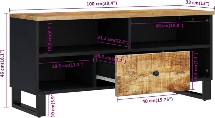 VidaXL -Tv-meubel-100x33x46-cm-massief-mangohout-en-bewerkt-hout - Foto 2