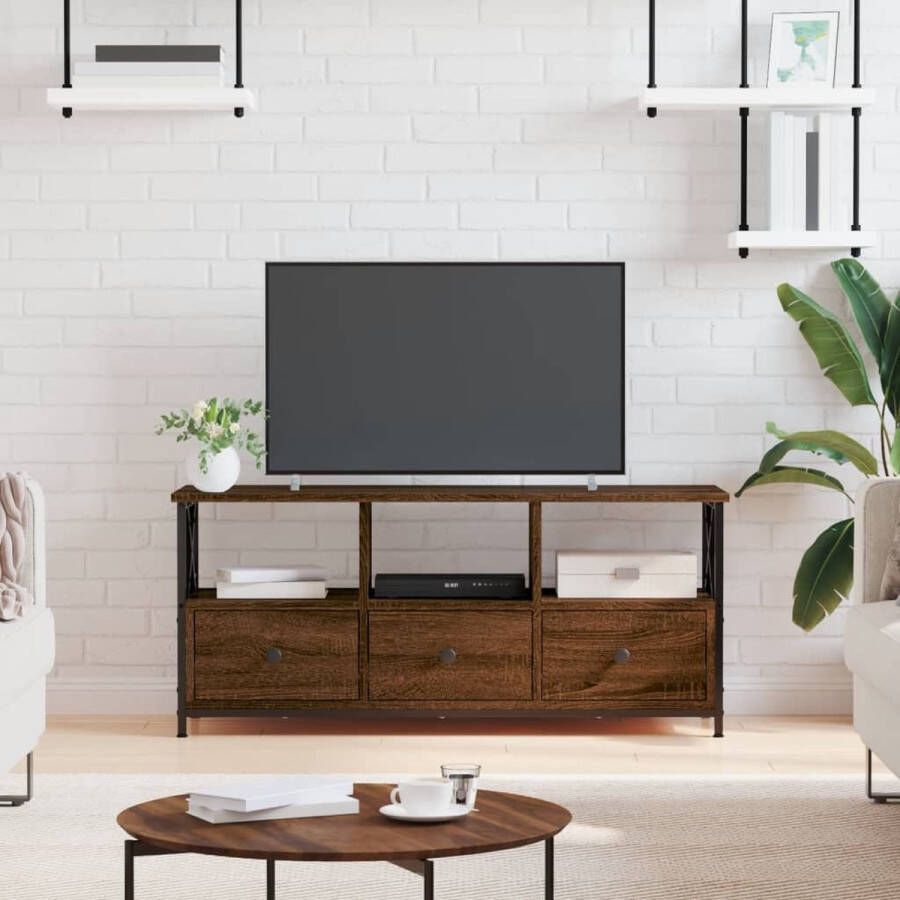 VidaXL -Tv-meubel-102x33x45-cm-bewerkt-hout-en-ijzer-bruineikenkleurig - Foto 1