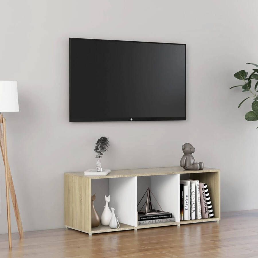 VidaXL -Tv-meubel-107x35x37-cm-bewerkt-hout-wit-en-sonoma-eikenkleurig