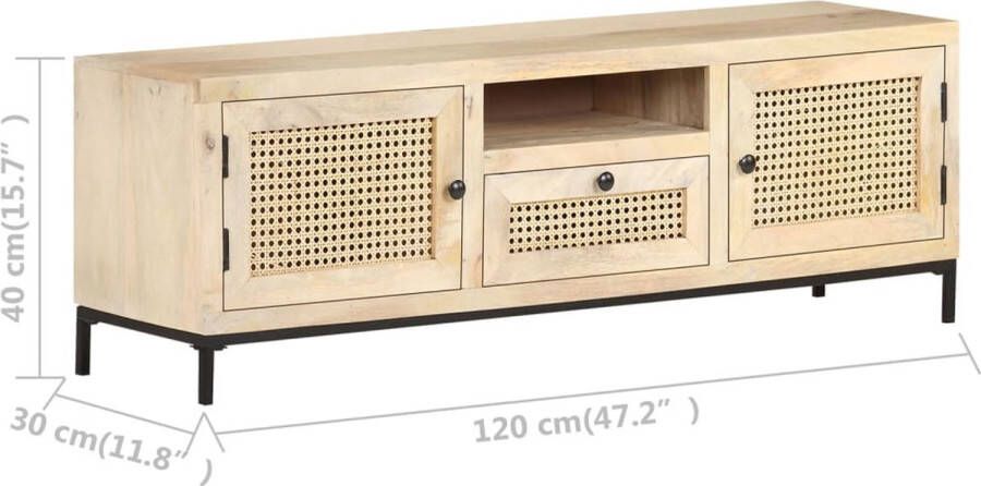 VidaXL -Tv-meubel-120x30x40-cm-massief-mangohout-en-natuurlijk-riet - Foto 1