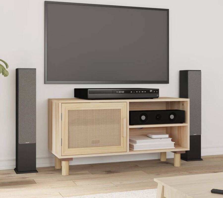 VidaXL -Tv-meubel-80x30x40-cm-massief-grenenhout-en-rattan-bruin - Foto 1