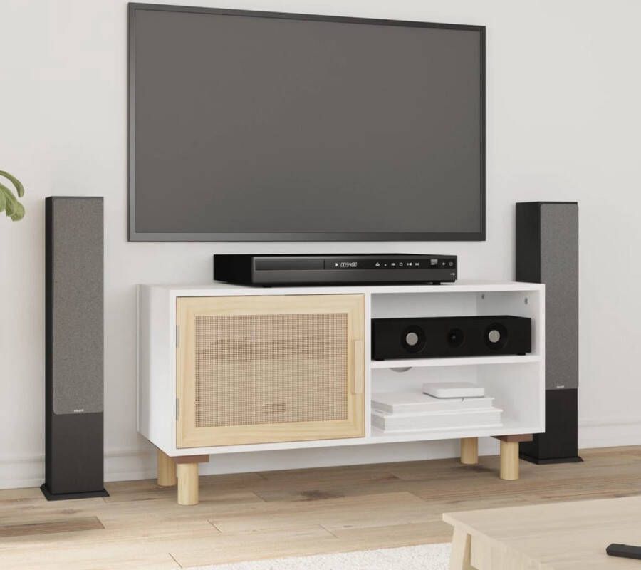VidaXL -Tv-meubel-80x30x40-cm-massief-grenenhout-en-rattan-wit