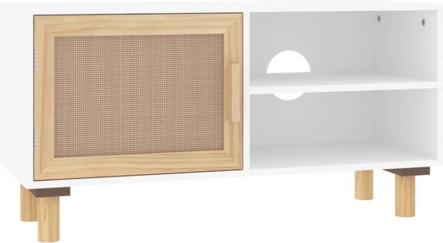 VidaXL Tv-meubel Massief Grenenhout & Rattan Wit Tv-kast Salontafel Meubilair Witte Tv-kast Houtsoort Vintage Tv-kast Design Tv-kast