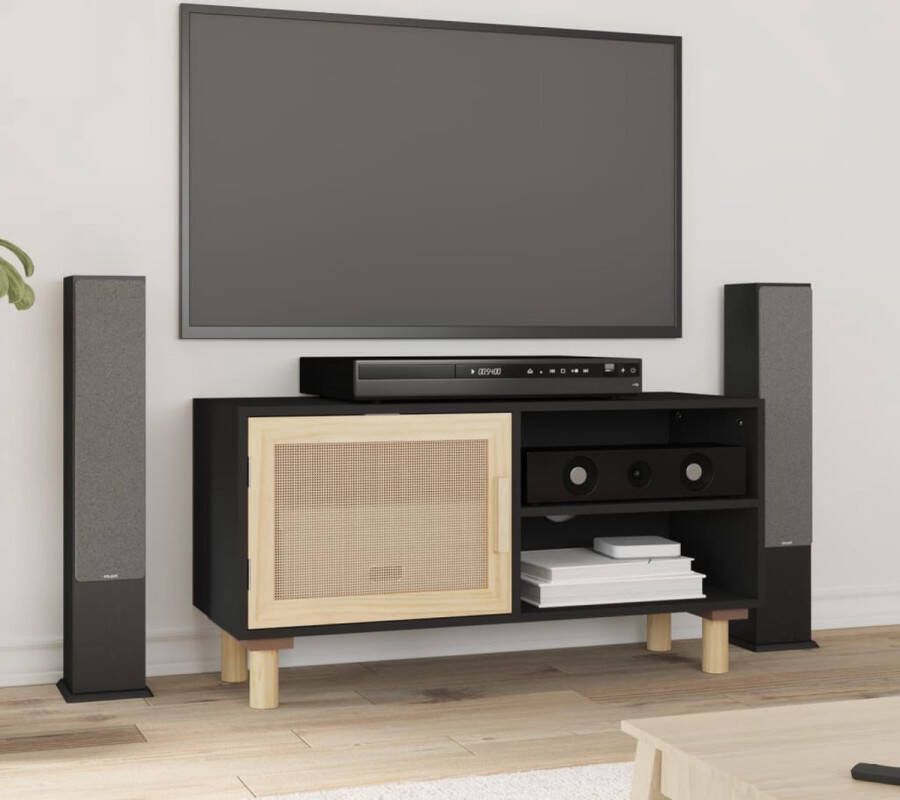 VidaXL -Tv-meubel-80x30x40-cm-massief-grenenhout-en-rattan-zwart - Foto 3