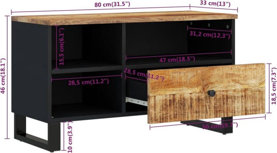 VidaXL -Tv-meubel-80x33x46-cm-massief-mangohout-en-bewerkt-hout - Foto 2