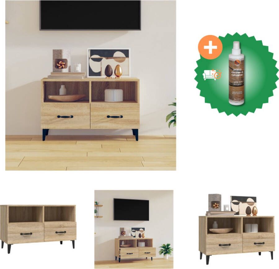 VidaXL TV-meubel Sonoma Eiken 80 x 36 x 50 cm Stevig hout Opbergruimte Presenteerfunctie IJzeren poten Kast Inclusief Houtreiniger en verfrisser