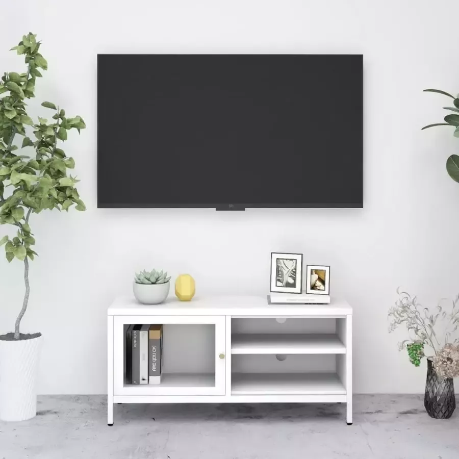 VidaXL Tv meubel 90x30x44 cm staal en glas wit