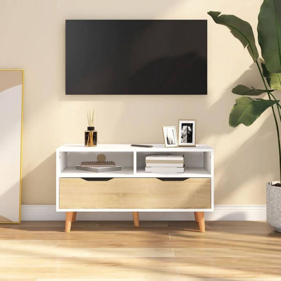 VidaXL -Tv-meubel-90x40x48 5-cm-spaanplaat-wit-en-sonoma-eikenkleurig