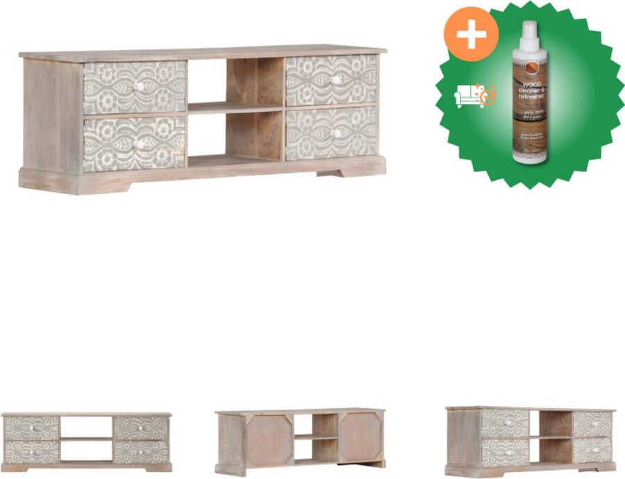 VidaXL Tv-meubel Acacia 120x30x40 cm wit grijs handgesneden patronen 2 vakken en 4 lades Kast Inclusief Houtreiniger en verfrisser