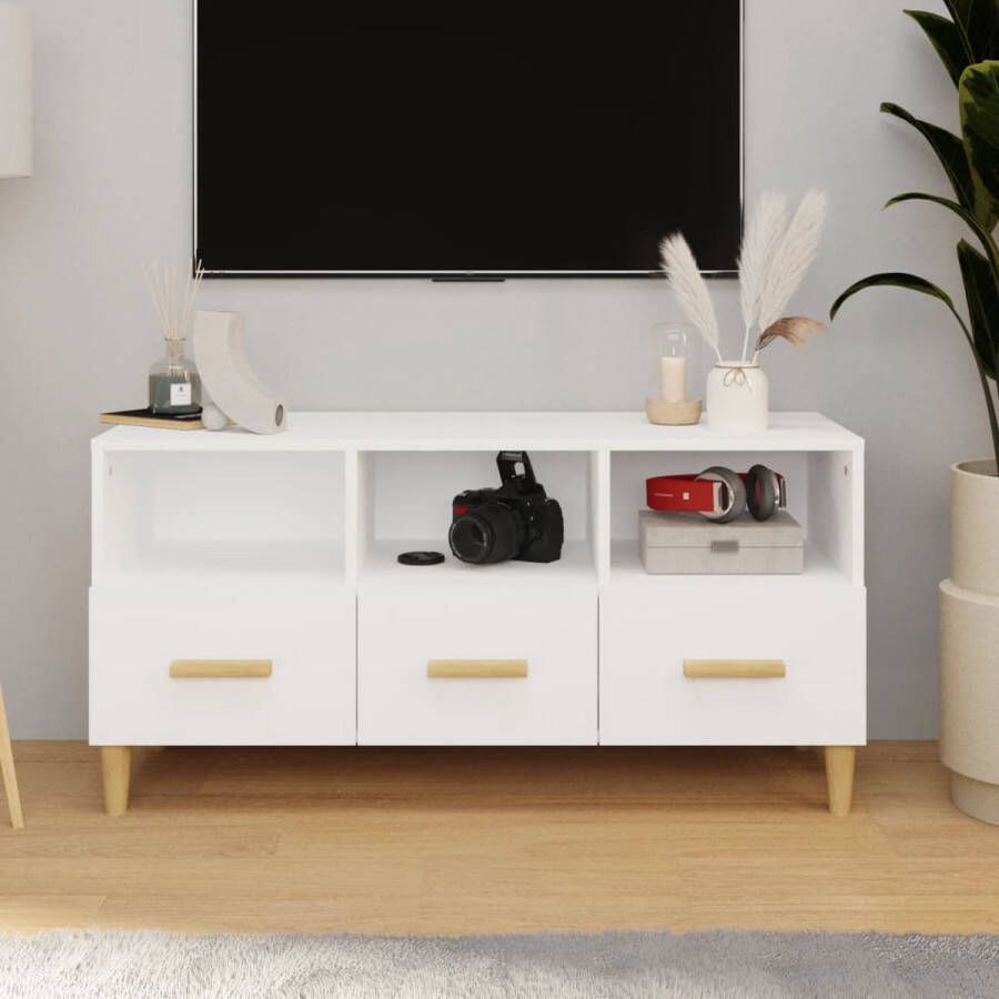 VidaXL TV-meubel Basic Wit 102 x 36 x 50 cm Bewerkt hout en massief eucalyptushout Kast