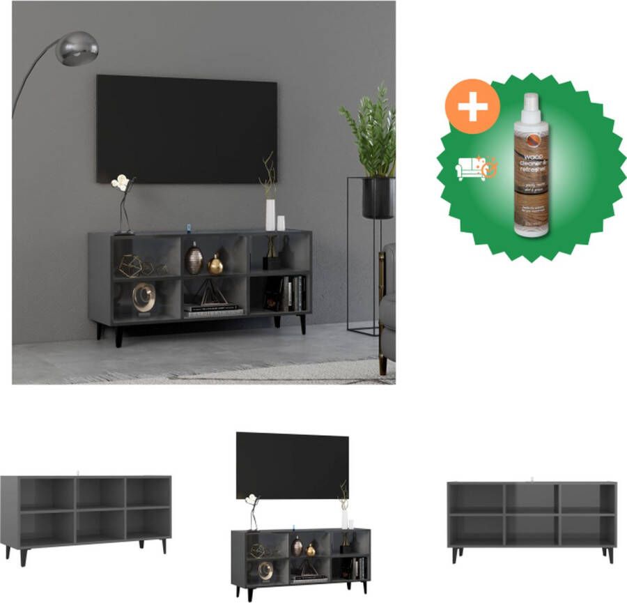 VidaXL TV-meubel Hoogglans Grijs 103.5 x 30 x 50 cm Industriële charm Metalen Poten Kast Inclusief Houtreiniger en verfrisser