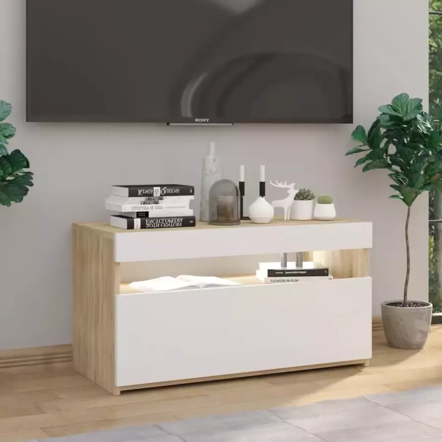VIDAXL Tv-meubel LED-verlichting 75x35x40 cm wit en sonoma eikenkleur - Foto 1