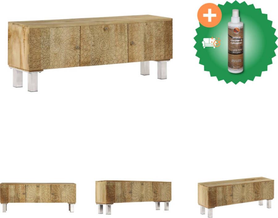 VidaXL Tv-meubel Mangohout 118 x 30 x 45 cm 3 vakken Handgesneden patronen Gepolijst geverfd en gelakt Kast Inclusief Houtreiniger en verfrisser