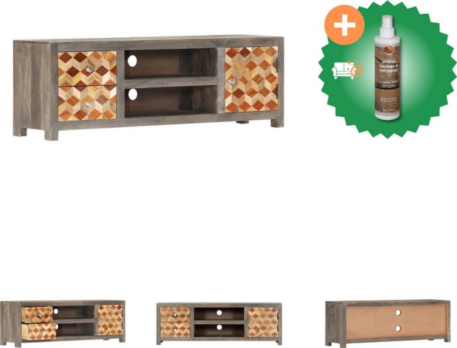 VidaXL TV-meubel Mangohout Grijs-Bruin 120x30x40cm Elegante opbergruimte met deur lades en vakken Kast Inclusief Houtreiniger en verfrisser