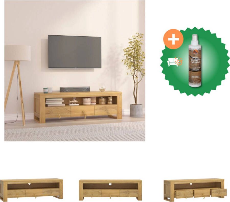 VidaXL TV-meubel Massief Teakhout Zijkast met schap en 3 lades Stevig blad Afmetingen- 110 x 30 x 35 cm (B x D x H) Kast Inclusief Houtreiniger en verfrisser