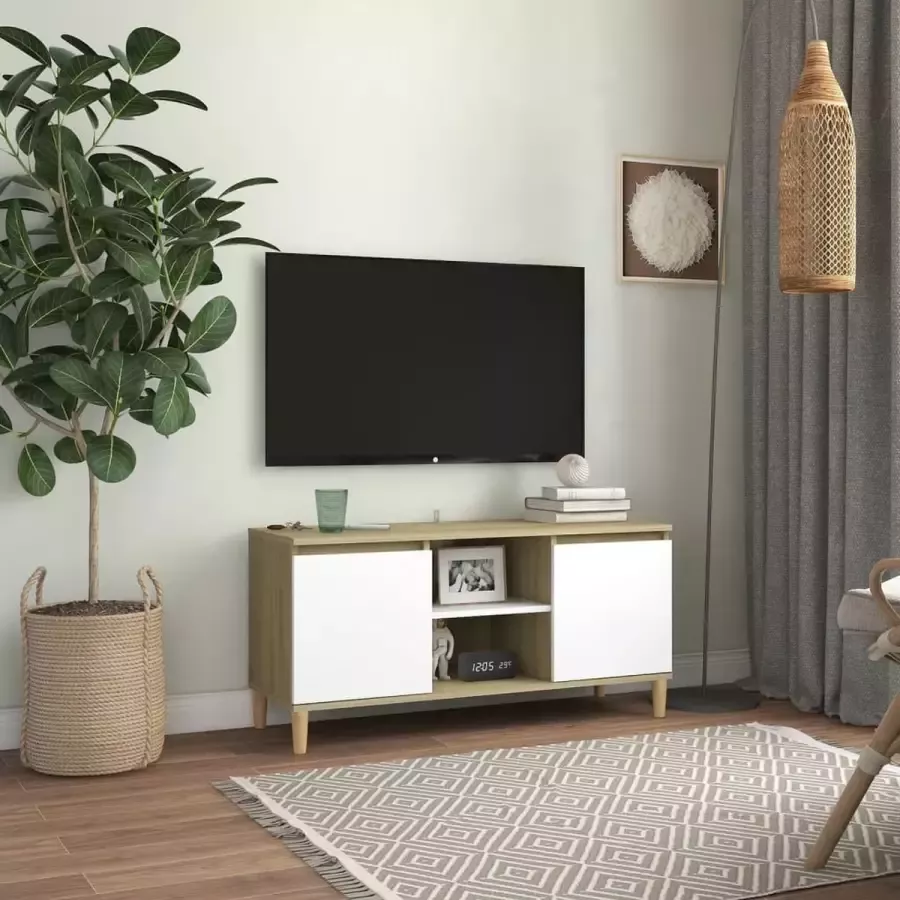 VIDAXL Tv-meubel met houten poten 103 5x35x50 cm wit sonoma eikenkleur