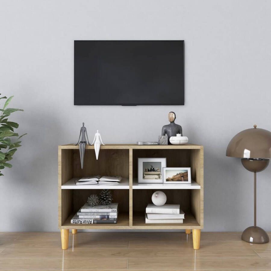 VidaXL -Tv-meubel-met-houten-poten-69 5x30x50-cm-wit-sonoma-eikenkleur