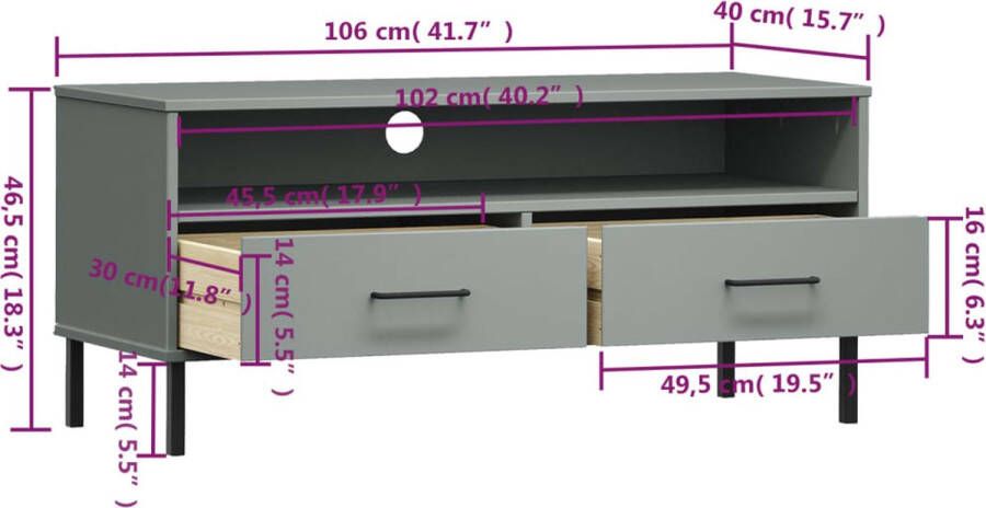 VidaXL -Tv-meubel-met-metalen-poten-OSLO-massief-grenenhout-grijs - Foto 1