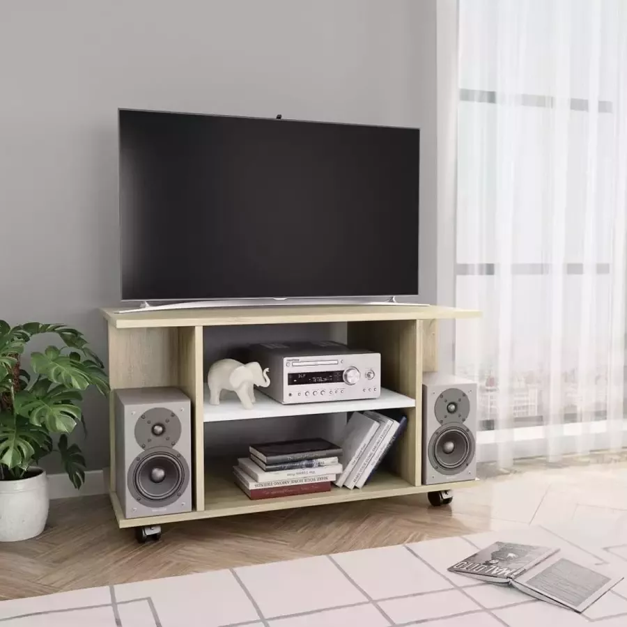 VIDAXL Tv-meubel met wieltjes 80x40x40 cm spaanplaat wit en sonoma - Foto 1