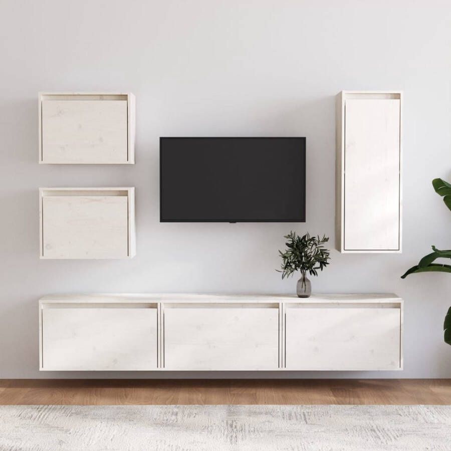 VidaXL TV meubel set hangkast massief grenenhout wit 3x 60x30x35cm 2x 45x30x35cm 1x 30x30x80cm Kast