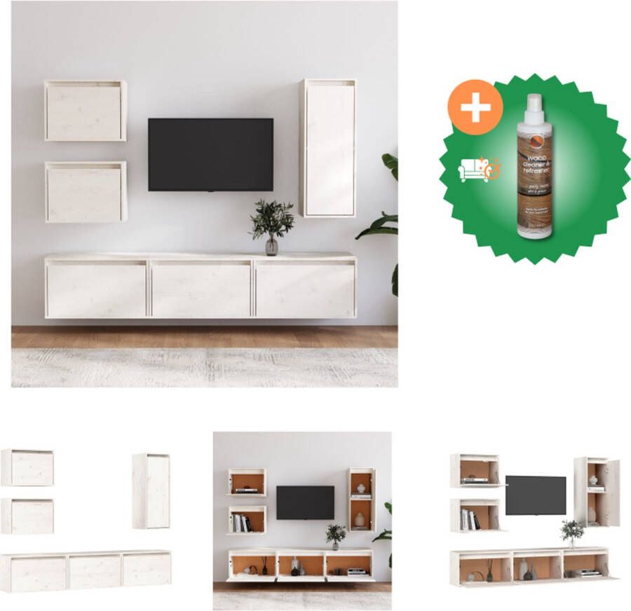 VidaXL TV meubel set hangkast massief grenenhout wit 3x 60x30x35cm 2x 45x30x35cm 1x 30x30x80cm Kast Inclusief Houtreiniger en verfrisser - Foto 3