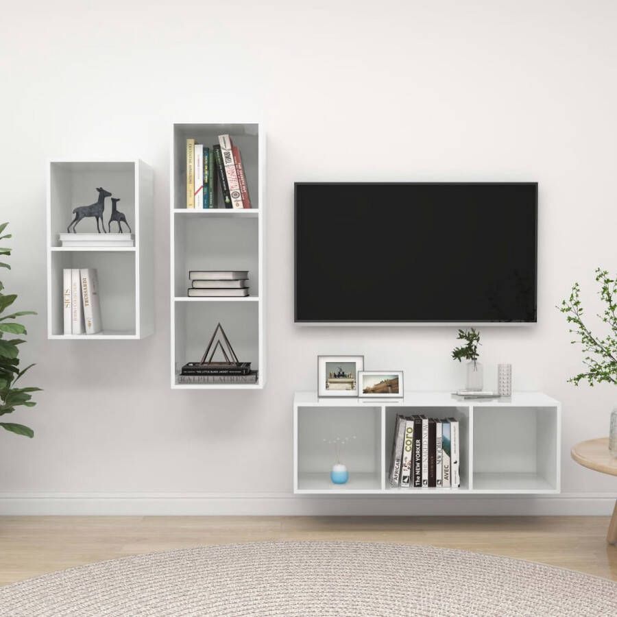 vidaXL TV-meubel set hoogglans wit 1x 37x37x72cm + 2x 37x37x107cm spaanplaat