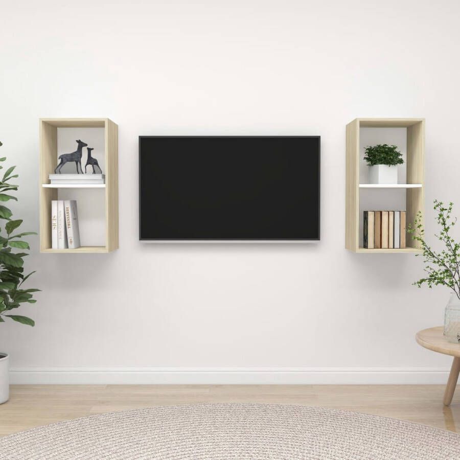 VidaXL TV-meubel Set van 2 Televisiewandmeubel 37x37x72 cm wit sonoma eiken Kast