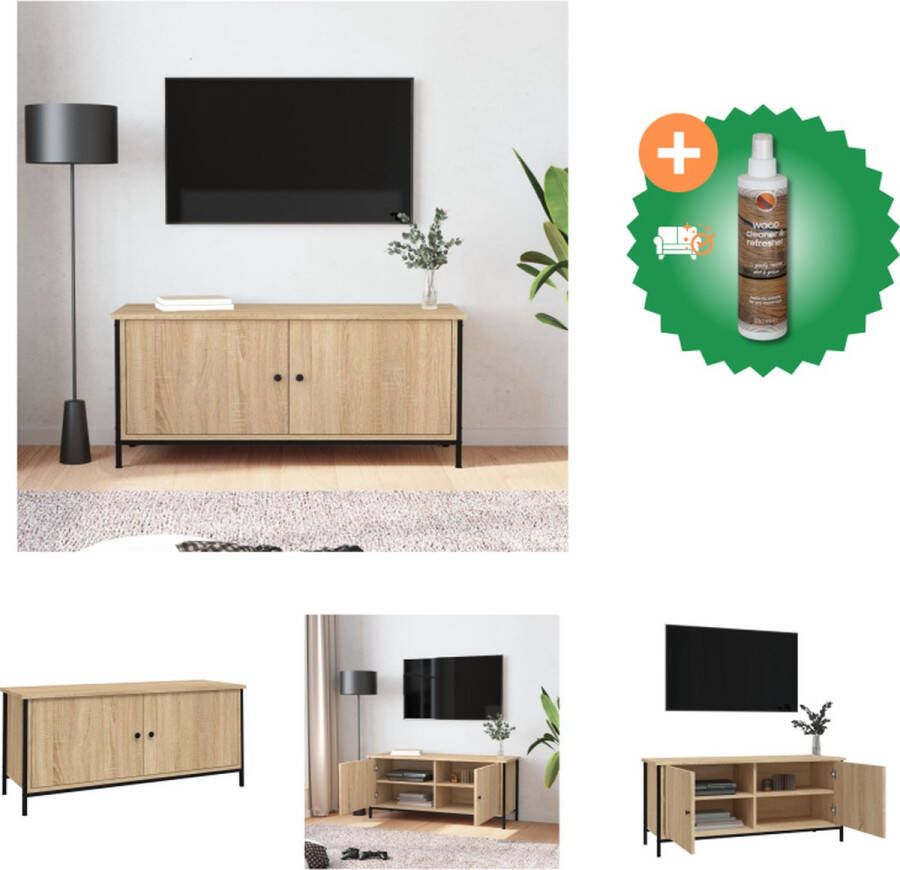 VidaXL TV-meubel Trendy en praktisch ontwerp Duurzaam bewerkt hout Voldoende opbergruimte Stevig blad Praktische deuren Metalen voeten Bruineiken 102 x 35 x 45 cm Montage vereist Kast Inclusief Houtreiniger en verfrisser - Foto 2