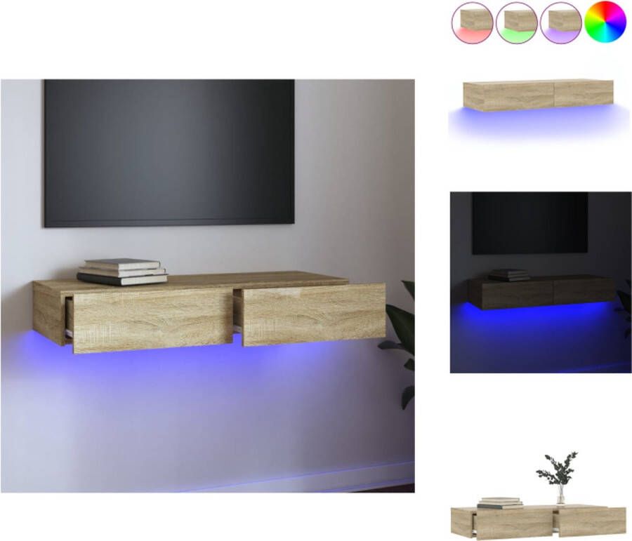 VidaXL TV-meubel Sonoma Eiken 90 x 35 x 15.5 cm LED-verlichting 2 lades Kast
