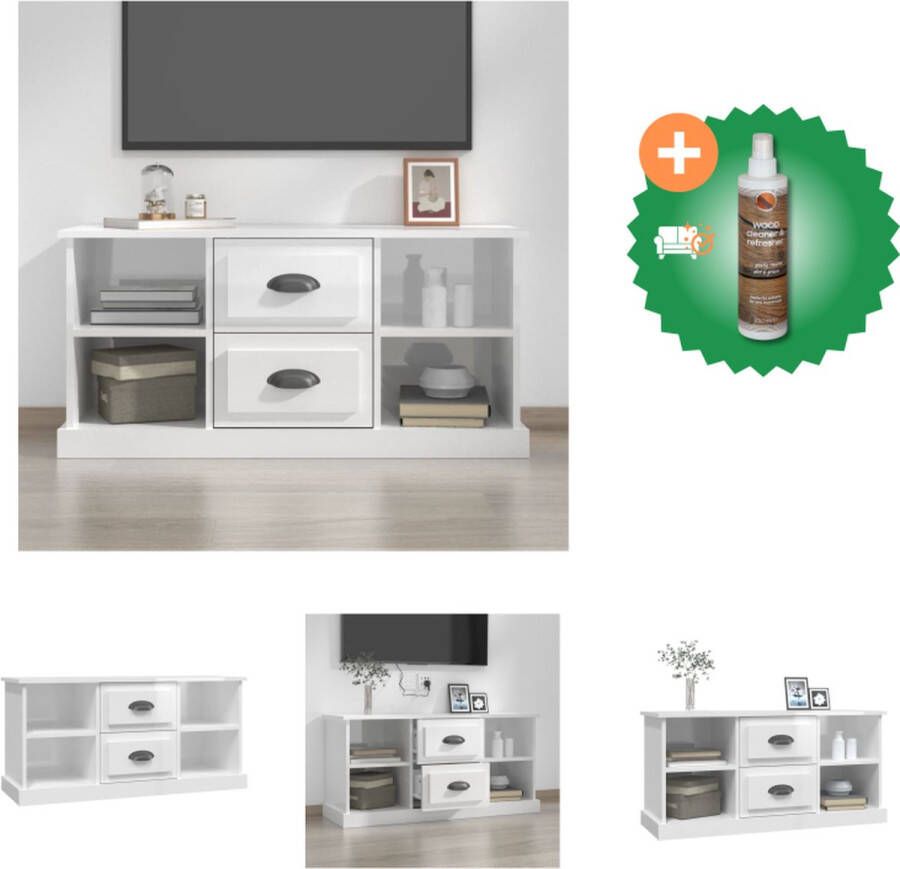 VidaXL TV-meubel Trendy en praktisch Opbergruimte- 4 open vakken en 2 lades 99.5 x 35.5 x 48 cm Kleur- Hoogglans wit Materiaal- Bewerkt hout Kast Inclusief Houtreiniger en verfrisser