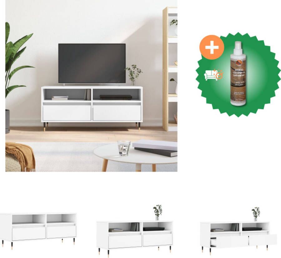 VidaXL Tv-meubel Wit 100x34.5x44.5 cm Bewerkt hout IJzeren poten Kast Inclusief Houtreiniger en verfrisser - Foto 2