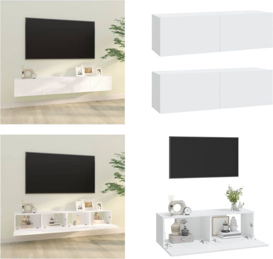 VidaXL Tv-meubelen 2 st wandgemonteerd 100x30x30 cm bewerkt hout wit Tv-kast Tv-kasten Tv-meubel Met LED-verlichting