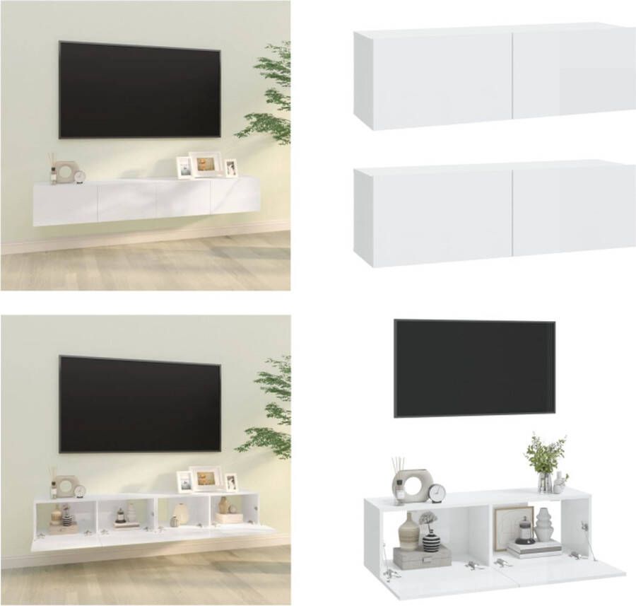 vidaXL Tv-meubelen 2 st wandgemonteerd 100x30x30 cm hout hoogglans wit Tv-kast Tv-kasten Tv-meubel Met LED-verlichting