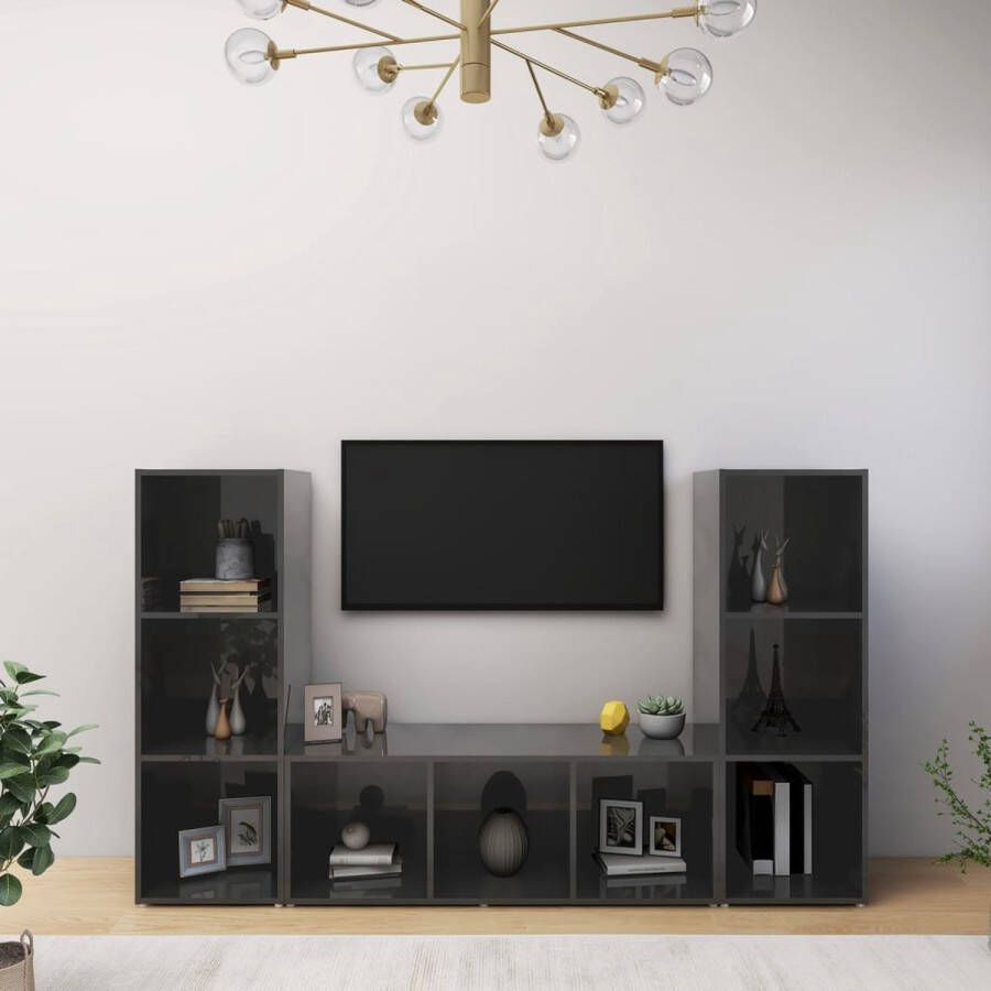 VidaXL -Tv-meubelen-3-st-107x35x37-cm-spaanplaat-hoogglans-grijs - Foto 1