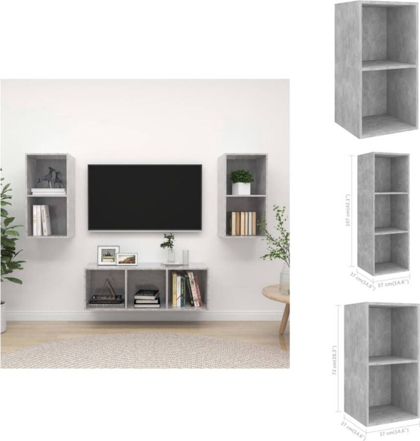 vidaXL TV-meubelset Betongrijs 2x 37x37x72cm + 1x 37x37x107cm Wandbevestiging Spaanplaat Kast