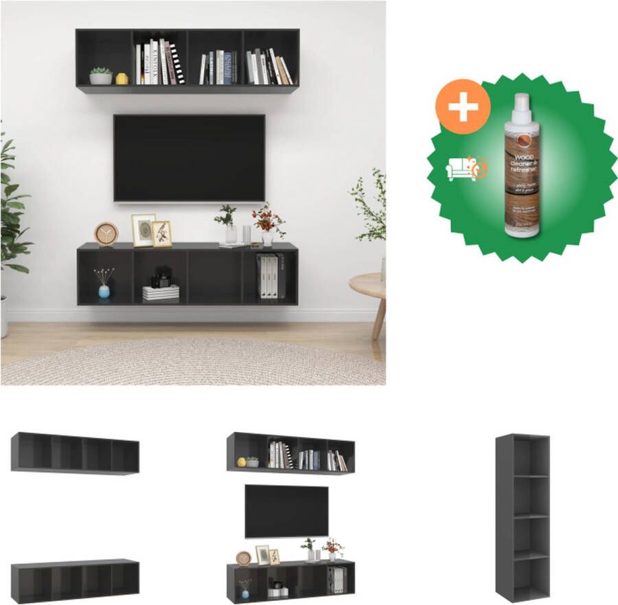VidaXL Televisiewandmeubelset Hoogglans Grijs 37x37x142.5 cm Montage vereist 2 x tv-meubel Kast Inclusief Houtreiniger en verfrisser