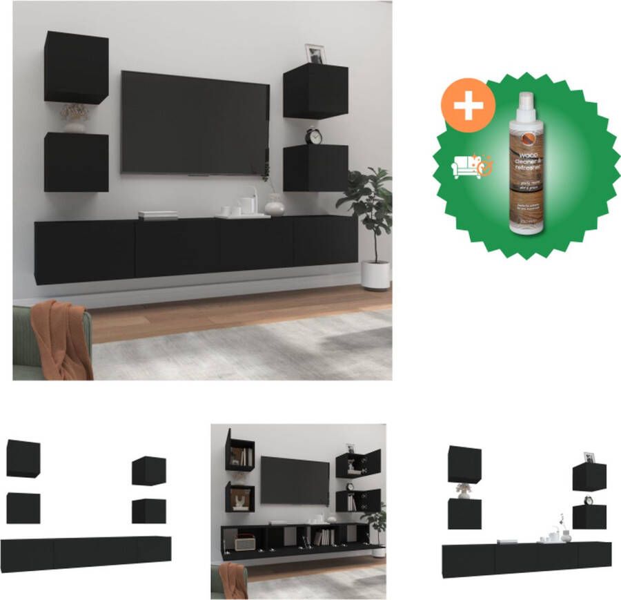 VidaXL Televisiemeubelset Klassiek Design Stevig Bewerkt Hout Voldoende Opbergruimte Wandgemonteerd Kleur- Zwart 3x 60x30x30 cm 1x 30.5x30x60 cm 2x 100x30x30 cm Kast Inclusief Houtreiniger en verfrisser - Foto 2