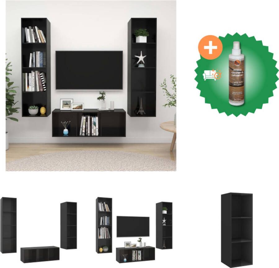 VidaXL TV-meubelset Wandmontage 37 x 37 x 107 cm 142.5 cm Hoogglans zwart Spaanplaat Kast Inclusief Houtreiniger en verfrisser