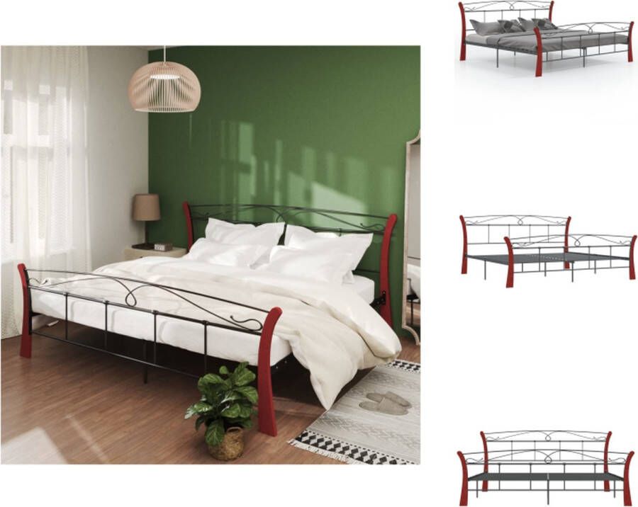 VidaXL Tweepersoonsbed Bedframe van gepoedercoat metaal en massief eikenhout 206 x 200 x 100 cm Kleur- zwart en donkerhout Bed