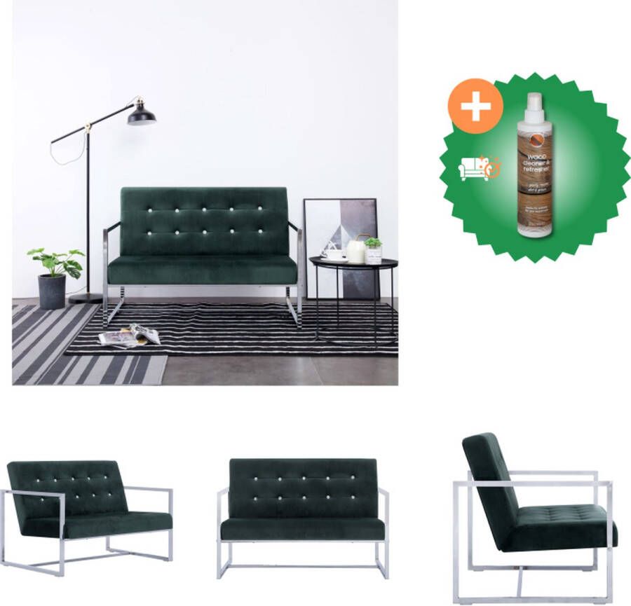 VidaXL Tweezitsbank met armleuningen chroom en fluweel donkergroen Bank Inclusief Houtreiniger en verfrisser