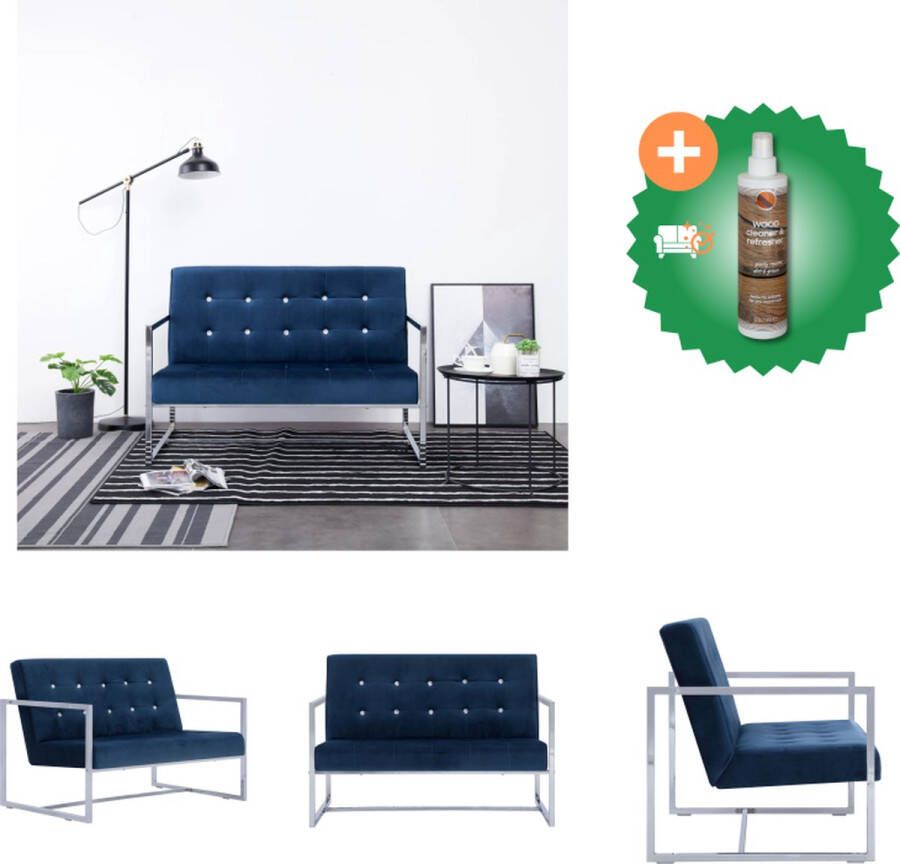 VidaXL Tweezitsbank met armleuningen chroom en fluweel blauw Bank Inclusief Houtreiniger en verfrisser