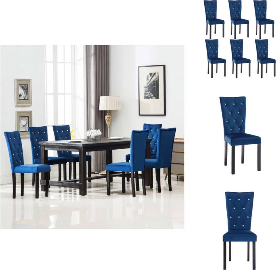 VidaXL Velvet Dining Chairs Set van 6 Donkerblauw 43x51x98 cm Kristalvormige knopen Massief houten frame Eetkamerstoel