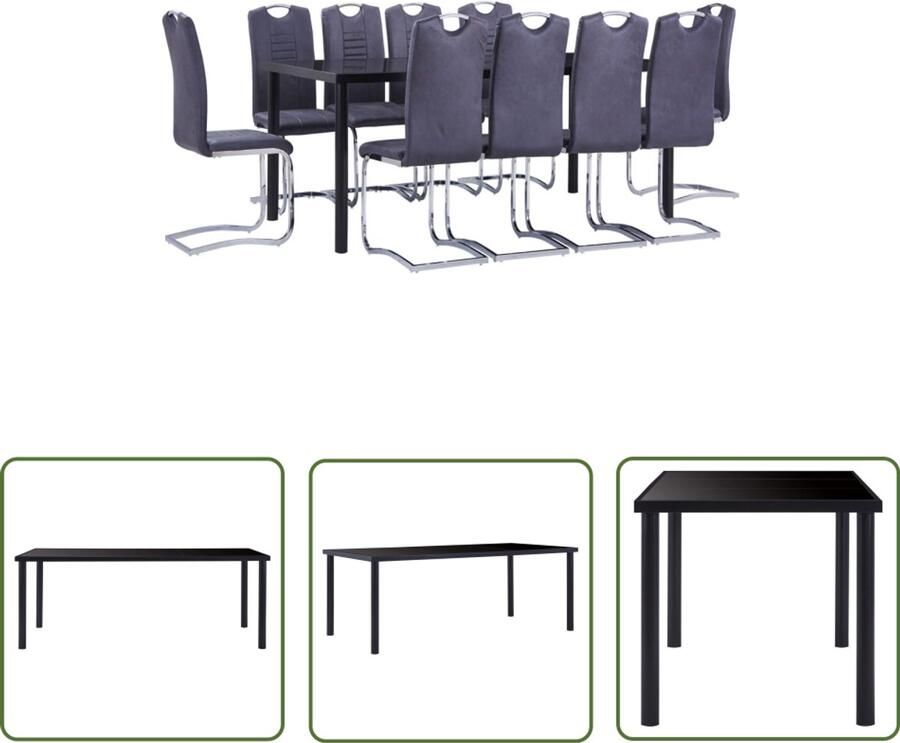 VidaXL 11-delige Eethoek Grijs Kunstsuède Modern Eetkamerset Eettafel Eetkamerstoelen Zwarte Eettafel Grijze Stoelen Houten Eettafel Salontafel Ontbijttafel Keuken Set