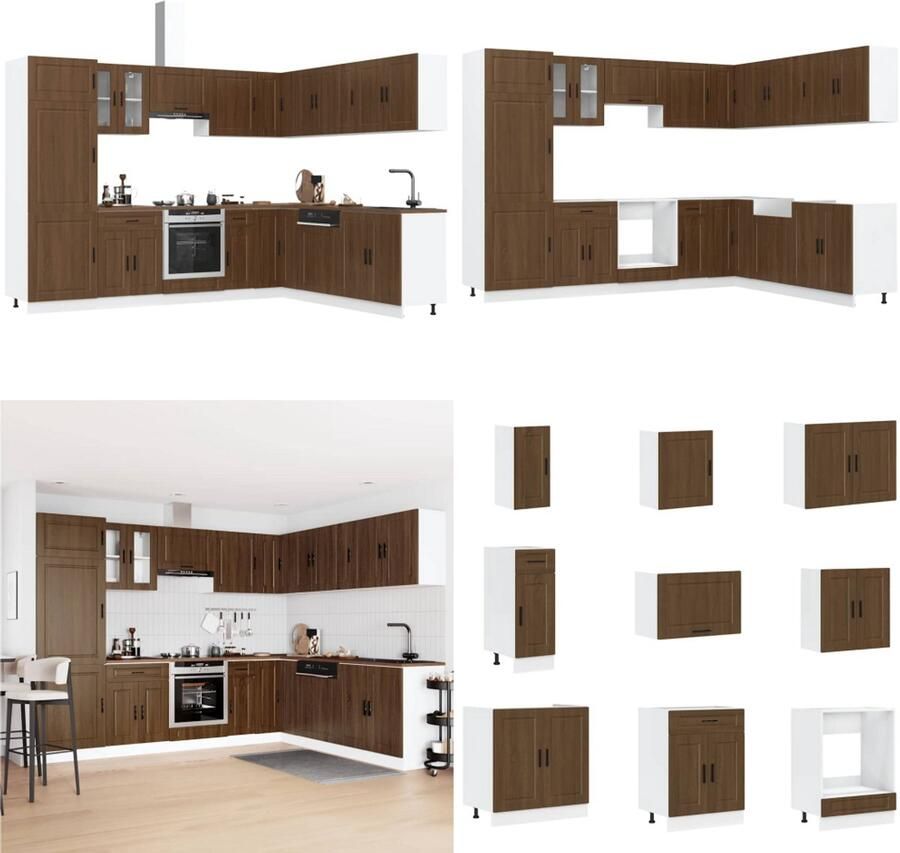 VidaXL 14-delige Keukenkastenset Porto bewerkt hout bruin eikenkleur Keukenkastset Keukenkastsets Keukenunitset Kastset