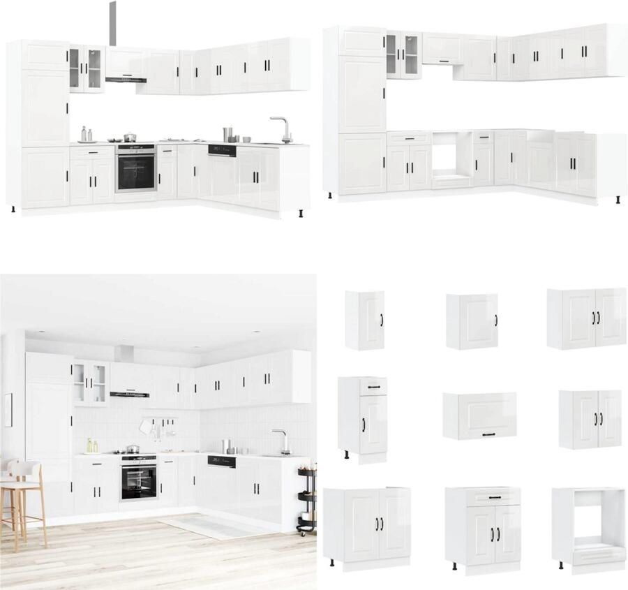 VidaXL 14-delige Keukenkastenset Porto bewerkt hout glanzend wit Keukenkastset Keukenkastsets Keukenunitset Kastset