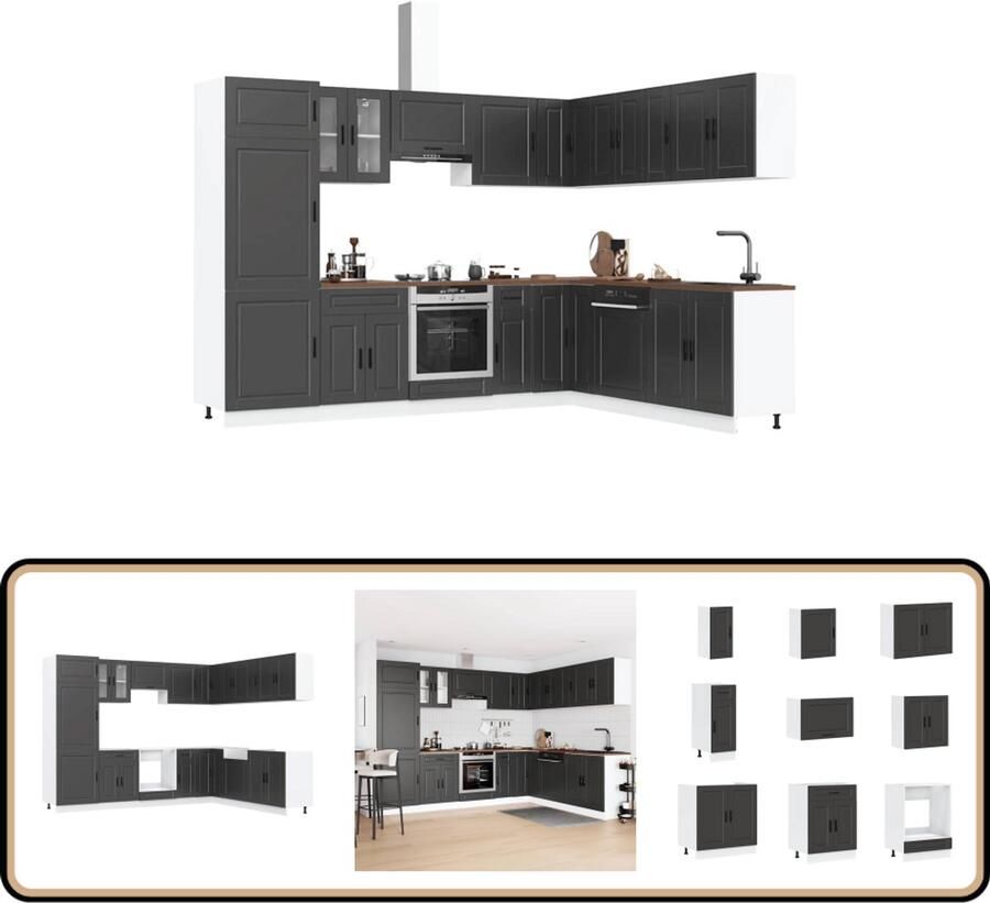 VidaXL 14-delige Keukenkastenset Porto Zwart Keukenkasten Houten Keukenkasten Zwarte Keukenkasten Keukenkast Set Kookeiland Kast