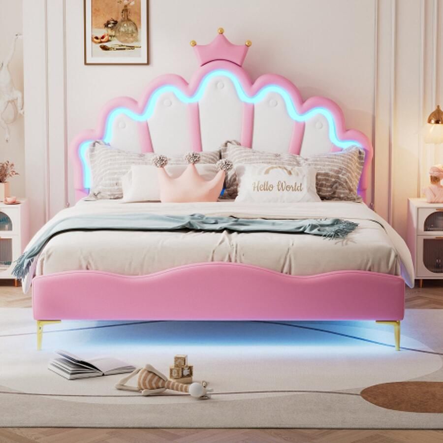 VidaXL 140*200cm plat tweepersoonsbed kroonvormig prinsessenbed zachte PU-lederen vulling verstelbare LED-sfeerlichtstrip roze